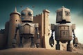 side-by-side, two robots stand guard over their mysterious and unknown fortress