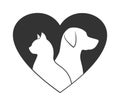 Side silhouettes of a cat and a dog inside a heart, isolated on a white background Royalty Free Stock Photo