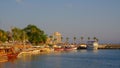 SIDE, TURKEY - JULY 5, 2019: View on the port of Side and the Temple of Apollo