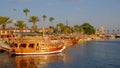 SIDE, TURKEY - JULY 5, 2019: View on the port of Side and the Temple of Apollo