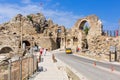 Side, Turkey - June 11, 2018: People on the main road to Side town at sunny day, Turkey. Side is an ancient Greek city on the