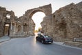 Road at the Vespasian gate to the ancient city of Side, Turkey. Royalty Free Stock Photo