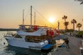 Side, Turkey - September 2021: Ships and boats in Side port at sunset Royalty Free Stock Photo