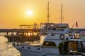 Side, Turkey - September 2021: Ships and boats in Side port at sunset Royalty Free Stock Photo