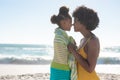 Side view of african american mother and daughter rubbing noses at beach on sunny day Royalty Free Stock Photo