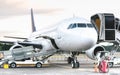 Side view of airplane at airport terminal gate - Emergency travel concept with international flights canceled due to worlwide Royalty Free Stock Photo