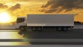 Side view angle of cargo truck on the road at sunset Royalty Free Stock Photo