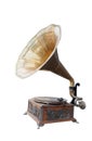 side view antique brass and wooden gramaphone on white background,copy space Royalty Free Stock Photo