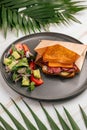 Side view on pastrami sandwich with salad Royalty Free Stock Photo