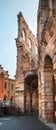 Side view of arches and details of famous ancient roman amphitheatre Arena di Verona, Italy, Europe. The amphitheater is