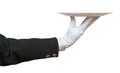 Side view of arm in white glove with white plate Royalty Free Stock Photo