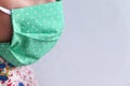 Side view of asian woman wearing flu mask with copy space . Royalty Free Stock Photo