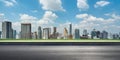 Side view of asphalt road highway with green grass and modern city skyline