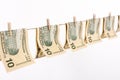 side view banknotes hanging clothesline. High quality photo
