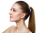 Side view on beautiful female face with perfect skin.