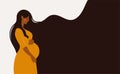 Side view of a beautiful pregnant black woman in a yellow dress. Banner about pregnancy and motherhood with copy space