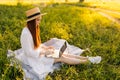 Side view of beautiful redhead woman working with laptop sitting on green grass in summer park. Royalty Free Stock Photo