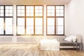 Side view of bedroom with big windows, toned Royalty Free Stock Photo