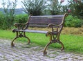 Side view of bench in garden