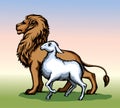 Vector drawing. Lion and lamb walks together Royalty Free Stock Photo