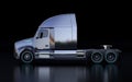 Side view of black American fuel cell powered truck cabin on black background