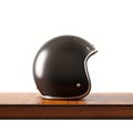 Side view of black color vintage style motorcycle helmet on natural wooden desk.Concept classic object isolated at white Royalty Free Stock Photo