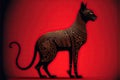 Side view of black Egyptian Bastet cat on red background with Egyptian ornament