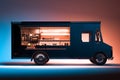 Side View of Black Food Truck With Detailed Interior Isolated on Illuminated Background. Takeaway food. 3d rendering.