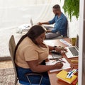 Side view of black millennial couple work at home Royalty Free Stock Photo