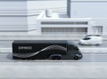 Side view of black self-driving electric semi truck and minivan on highway