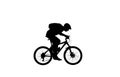 Side view on black silhouette of cyclist in bicycle helmet and with backpack on white background. Male bicyclist