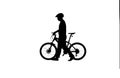 Side view on black silhouette of cyclist in bicycle helmet on white background. Male bicyclist walking with a bicycle Royalty Free Stock Photo