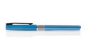 Side view of a blue ballpoint pen, isolated on a white background. Close-up Royalty Free Stock Photo