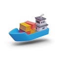 Side view on blue ship with cargo swimming to destination