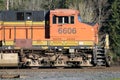 Side view of BNSF diesel locomotive cab number 6606 ES44C4