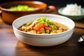 side view of a bowl of gumbo with shrimp on top