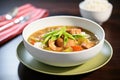 side view of a bowl of gumbo with shrimp on top Royalty Free Stock Photo