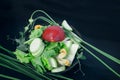 Side view of a bowl with vegerables and greenery of white and green colors and big red tomatoe on the black background. Fresh and Royalty Free Stock Photo