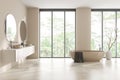 Side view on bright bathroom interior with bathtub, panoramic window Royalty Free Stock Photo