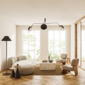 Side view on bright living room interior with white wall Royalty Free Stock Photo