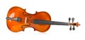 Side view of brown wooden fiddle or violin, classic musical instrument, on white background