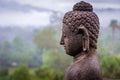 Side view of Buddha statue on a misty morning at Borobudur Temple