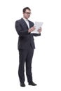 side view of a business man with the mobile phone and briefcase Royalty Free Stock Photo