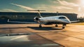 Side view of a business private jet airplane parked outside. Luxury business jet ready for boarding. Royalty Free Stock Photo
