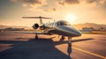 Side view of a business private jet airplane parked outside. Luxury business jet ready for boarding. Royalty Free Stock Photo