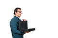 Side view businessman opening his briefcase, overjoyed facial expression, isolated on white background with copy space. Happy Royalty Free Stock Photo