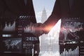 Side view of businesspeople shaking hands on abstract blurry city background with glowing forex chart and map. Teamwork, trade and Royalty Free Stock Photo