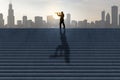 Side view of businesswoman silhouette with telescope looking into the distance on stairs with shadow and city skyline in the