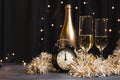 side view champagne new year night. High quality photo
