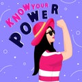 Side View Character of Beautiful Young Strong Girl Saying Know Your Power on Purple Background. Used as Women\'s Day